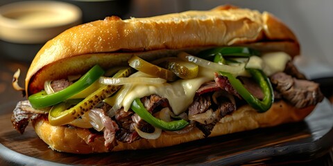 Wall Mural - Philly Cheesesteak Sandwich Ribeye with Pickles, Green Peppers, Onions, and Provolone in a Roll. Concept Cheesesteak, Ribeye, Philly, Sandwich, Provolone