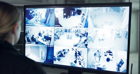 Poster - Security guard, inspection and woman by cctv monitor for protection, building safety or data center. Watching, video surveillance agency and control room with footage, computer system and back view