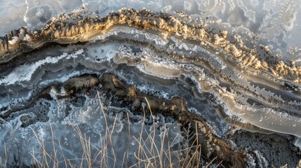 Wall Mural - A closer look at a thaw pond reveals intricate patterns in the layers of ice evidence of the complex process of permafrost thawing.