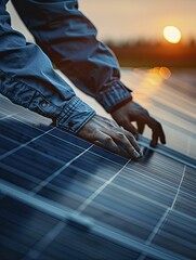 Poster - Detailed view of solar panels being installed, emphasizing renewable energy and technological precision, harnessing the power of the sun in brilliant sunlight.