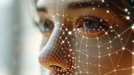 human face scrutinized with biometric analysis with a facial recognition program, generative ai