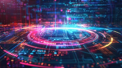 Digital circle hologram HUD style display element technology abstract neon rainbow wallpaper AI generated image