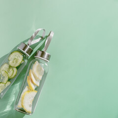 Wall Mural - Top view two glass bottles, water drink detox with lemon and cucumber at sunlight on green background, copy space. Infused water with slices fruit or vegetable. Aesthetic photo with fresh drink