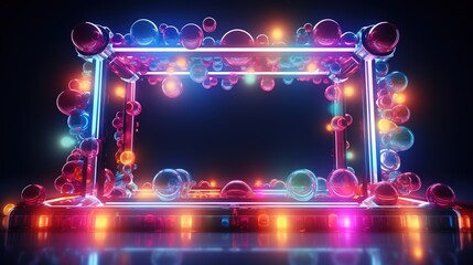 Wall Mural - 3d render, abstract colorful neon background with round frame and glass balls. Glowing geometric shape and clear bubbles