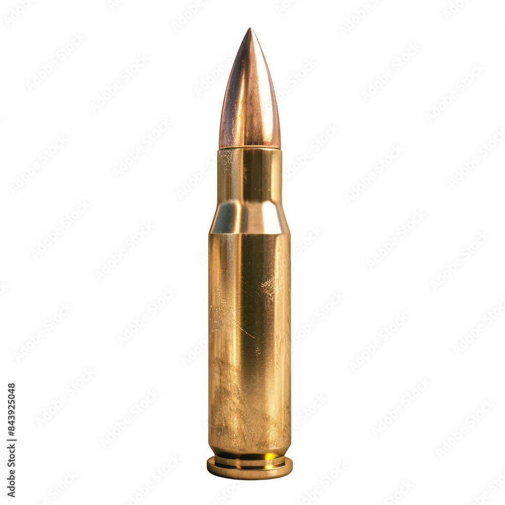 Close-up photo of a single golden bullet standing on a white background ...