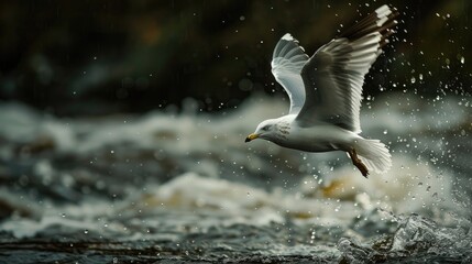 A seagull flying over a river