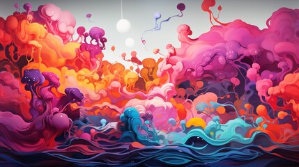Wall Mural - an abstract and psychedelic wallpaper blending oceanic elements with vibrant colors