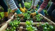 © Thanaphon - Group of people gardening together, tending to plants in raised garden beds. Collaborative community gardening activity in a lush green environment.