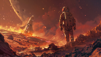 Wall Mural - An astronaut exploring the surface of a distant planet with rocky terrain and alien landscapes, a spaceship in the background, and a star-filled sky. Sci-fi concept art style