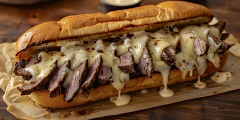 Wall Mural - Delicious cheesesteak sandwich with melted cheese and savory sliced steak. Concept Cheesesteaks, Melted Cheese, Savory Steak, Delicious Sandwich, Comfort Food