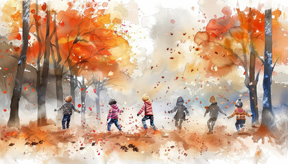 Canvas Print - A group of children playing in the fall