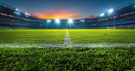 Wall Mural - A Close Up View Of A Green Soccer Field At Night