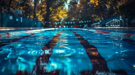 A close-up of swimming pool water surface with lanes, reflections, and blurred background