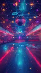 Wall Mural - Neon colored room with large disco ball hanging from ceiling