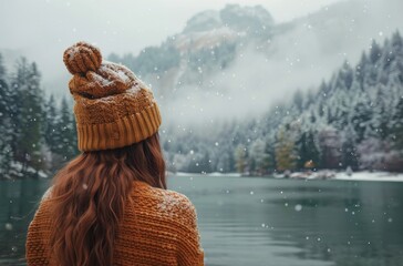 Wall Mural - Woman in Knitted Hat and Sweater Admiring a Snowy Lake and Mountain Scene