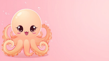 Wall Mural - Illustration of positive smiling baby Octopus on pink background. Flat design. Banner with copy space for text