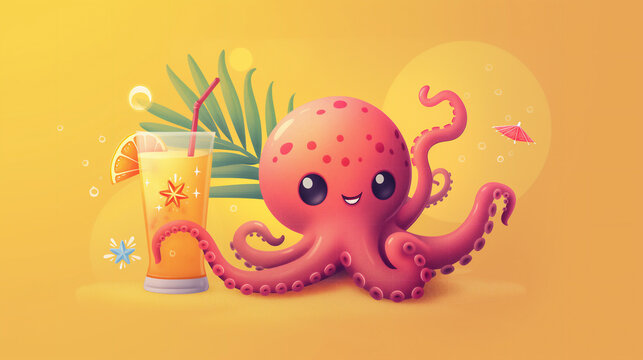 Summer illustration of pink baby Octopus with yellow cocktail with fruits on yellow background with green pal leaf. Flat design. Banner with copy space for text. Suitable for wallpaper, print, poster