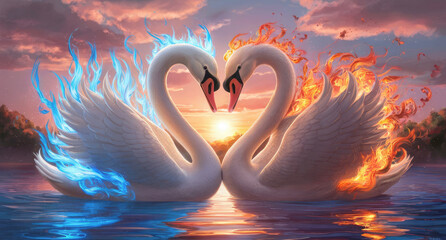 3D render of two swans gracefully gliding on a serene lake. Generative AI