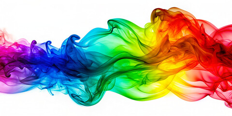 Abstract vibrant smoke in rainbow hues swirling on a white backdrop