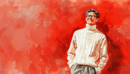 Wall Mural - A man in a white sweater stands in front of a red background