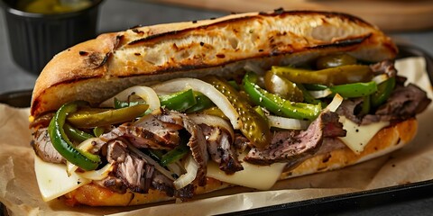 Wall Mural - Iconic Philly cheesesteak with ribeye pickles green peppers onions provolone on crisp roll. Concept Cheesesteak, Philly, Iconic, Ribeye, Pickles, Green Peppers, Onions, Provolone, Crisp Roll
