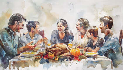 Wall Mural - A family is gathered around a table with a turkey and pumpkin on it