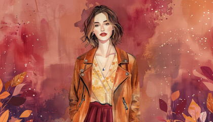 Wall Mural - A woman is wearing a leather jacket and standing in front of a red background