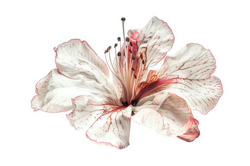 a close-up of a delicate white flower with red veins, isolated on a black background. the petals are