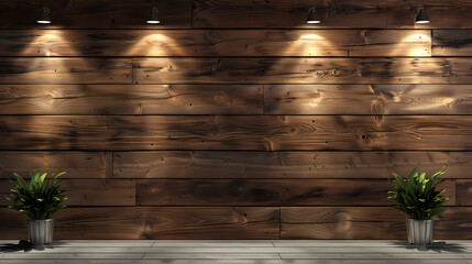 Canvas Print - Planks brown wooden panel wall with two dimming downlight lights