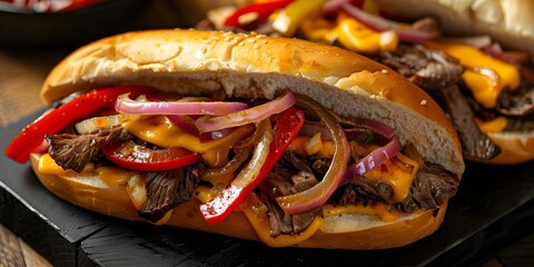 Wall Mural - Classic Philly Cheesesteak Sliced Steak, Melted Provolone, Onions, Peppers on a Hoagie Roll. Concept sandwich, Philly Cheesesteak, sliced steak, melted provolone, onions, peppers, hoagie roll
