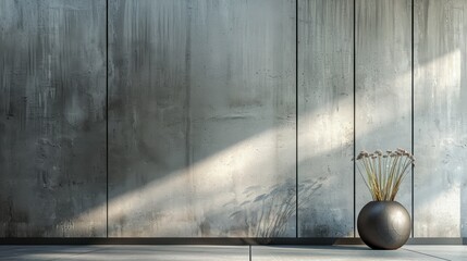 Poster - Minimalist interior scene with a textured concrete wall, a beam of sunlight casting shadows on the floor, and a spherical, crackled-patterned vase containing dried flowers