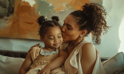 Wall Mural - A woman and a little girl are sitting on the couch. AI.