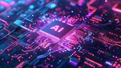 Wall Mural - a computer chip with a glowing purple and pink background. ai.