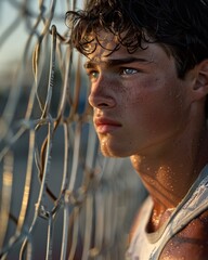 Canvas Print - A young man with wet hair looking at the camera through a fence. AI.