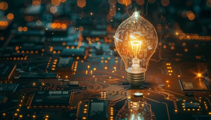 Poster - A light bulb is lit up on top of a circuit board. AI.