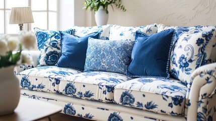 Sticker - A comfortable and inviting blue and white couch featuring a floral pattern takes center stage in the picture