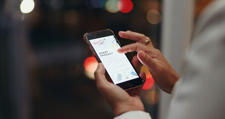 Leinwandbilder - Night, screen and hands with woman, cellphone and connection with website information. Closeup, employee and evening with human, smartphone and internet with digital app, texting and communication