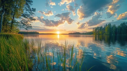 landscape during sunset at lake. reflection, blue sky and yellow sunlight. nature background.