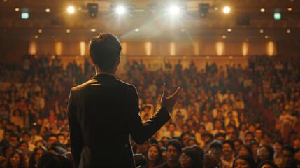 Canvas Print - Back view of a motivational speaker addressing a large attentive crowd in a well-lit auditorium