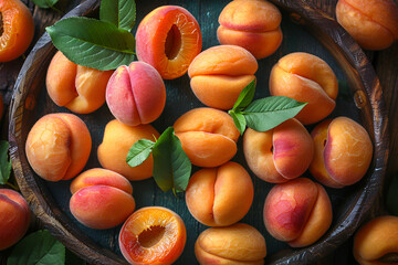 Wall Mural - Many fresh ripe beautiful apricot fruits top view. Fruit background.