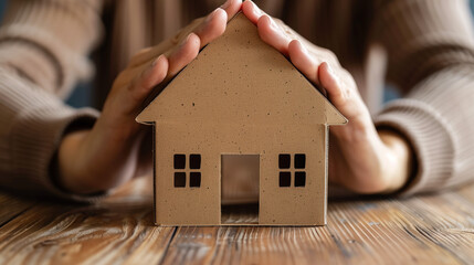 Hands holding and protecting a cardboard house model, home interior. Mortgage, real estate or affordable dwelling concept