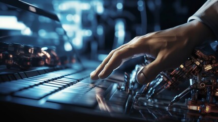 A close-up photorealistic shot of a programmer's hands working on a keyboard while a robotic arm in the background performs a complex manufacturing task.