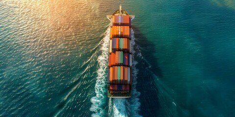 Wall Mural - Aerial view of cargo ship transporting containers in ocean for global logistics. Concept Cargo Shipping, Ocean Transport, Global Logistics, Aerial View, Container Ship