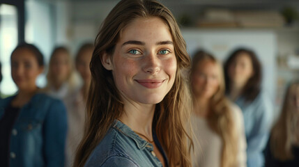 Canvas Print - Softly focused colleagues behind smiling young woman in portrait