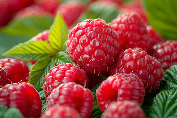 Wall Mural - freshly picked raspberries in a plate on the background of raspberry bushes. photos with a shallow depth of field and space for text