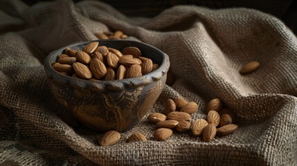 Wall Mural - Almonds in a Rustic Bowl on Burlap Fabric