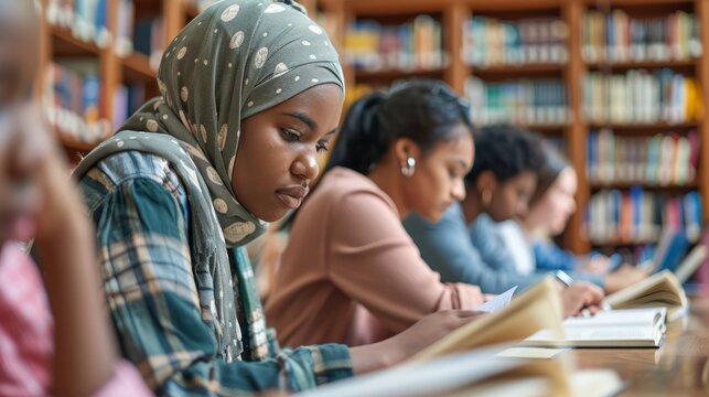 Muslim girl studying in a library