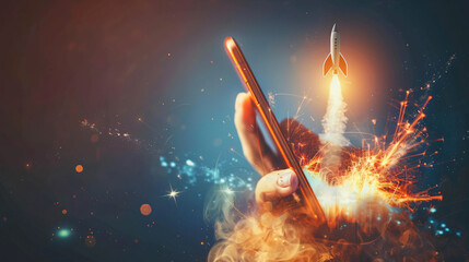Aufkleber - Innovative digital artwork featuring a mobile phone and a rocket launch
