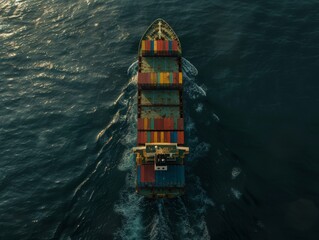 Wall Mural - Top view of a cargo ship with colorful containers sailing in the dark blue sea