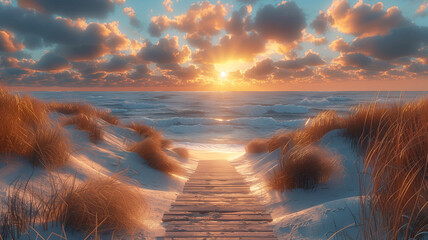 a beach landscape of a wooden and sand path leading to the ocean. calm coastal photography